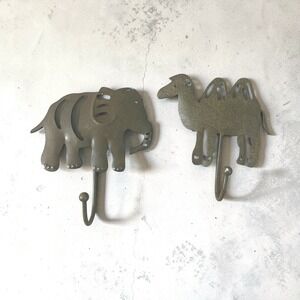 Metal Animal Wall Hooks Elephant Camel Bronze Finish Safari Decor Set 2